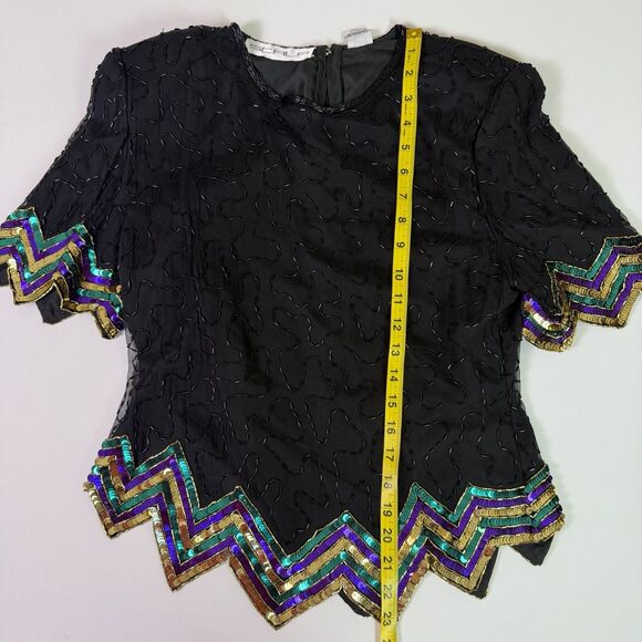 Vintage Scala Silk Beaded Sequin Top Petite Medium Art Deco Glam Flawed Zipper - Picture 3 of 15